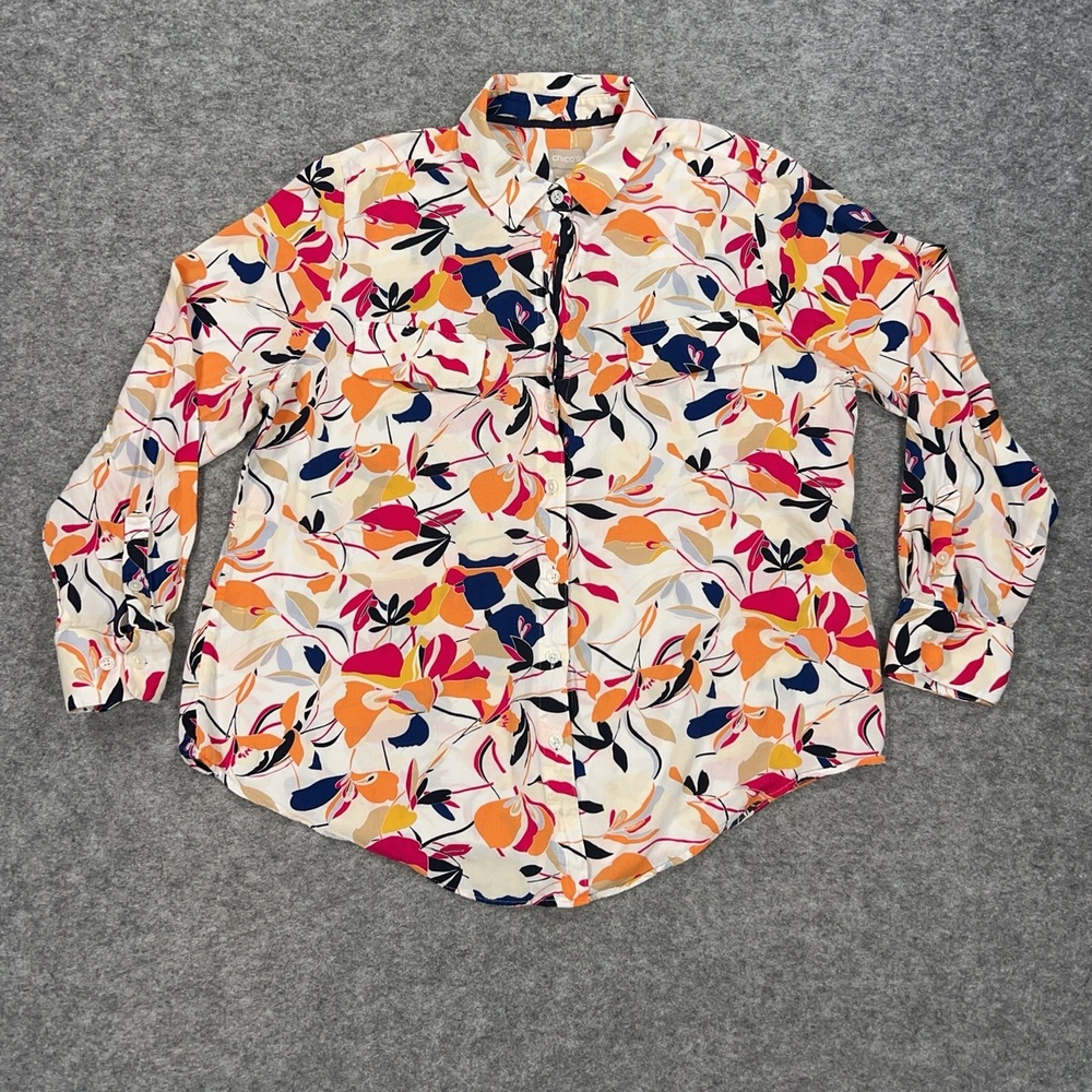 Chicos Shirt Womens 12 14 Floral Button Rayon Long Sleeve Relaxed Blouse Preppy